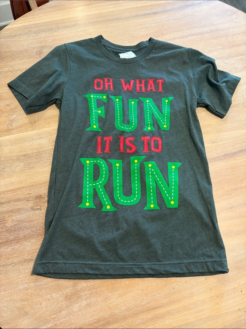 Graphic Tee "Oh What Fun It Is to Run" - Dark Gray with Green & Red Print